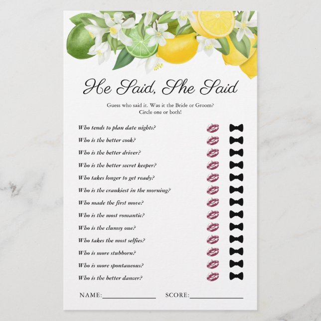 Papier Il A Dit Qu'Elle A Dit Lemon Green Fête des mariée (Devant)