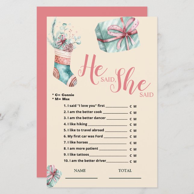 Papier Il a dit qu'elle a dit Noël Stocker jeu nuptiale (Devant / Derrière)