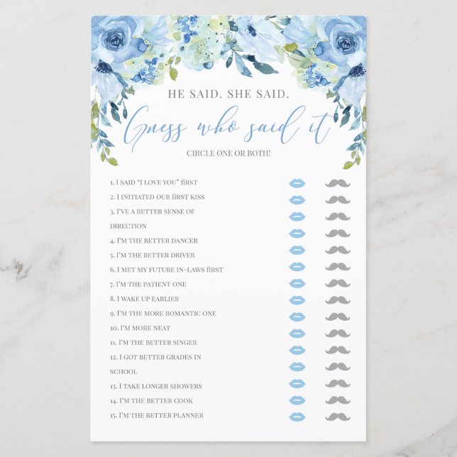 Papier Il a dit qu'elle a dit nuptiale douche jeu bleu fl (Devant)