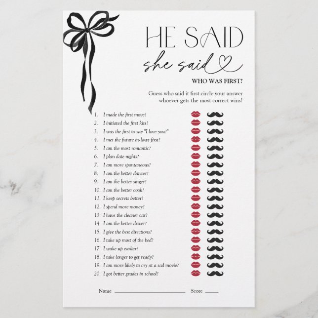 Papier Il A Dit Qu'Elle A Dit Red Black Bow Fête des mari (Devant)