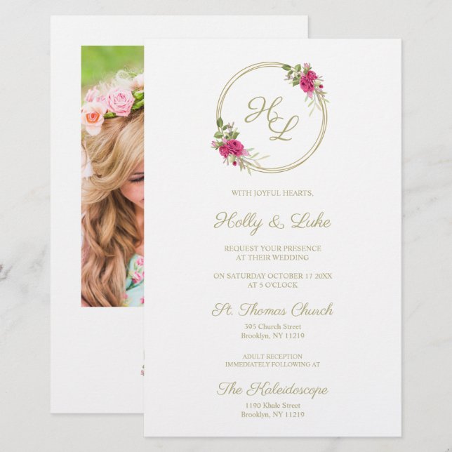 Papier Initiales botaniques roses Élégant Mariage de cour (Devant / Derrière)