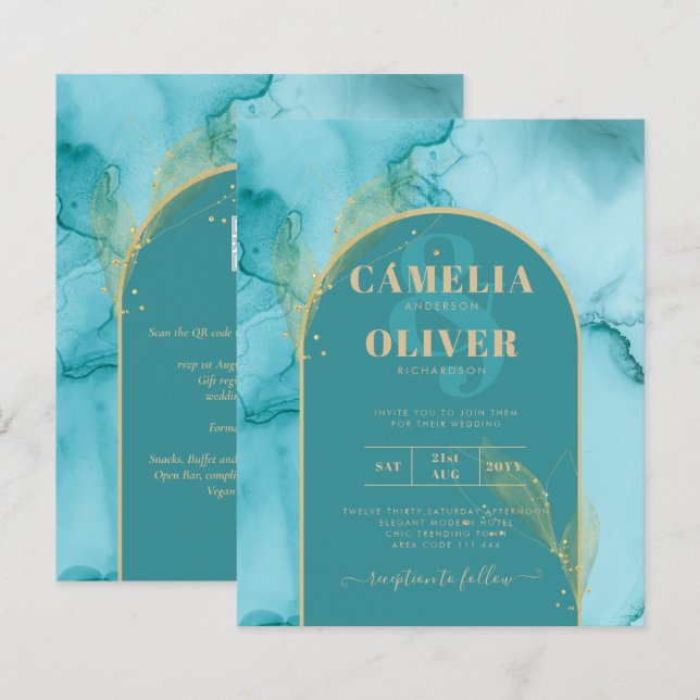 Papier INK Abstrait Turquoise Turquoise Gold Wedding INVI (Devant / Derrière)