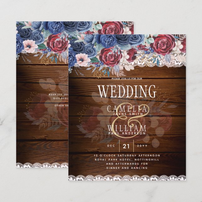 Papier Intemporel Rustique Bleu Bourgogne Floral Mariage  (Devant / Derrière)
