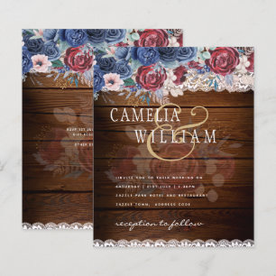 Papier Intemporel Rustique Bleu Bourgogne Floral Mariage 
