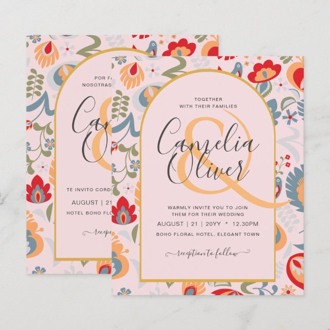 Papier invitación bilingüe de boda de flores populaire, (Devant / Derrière)