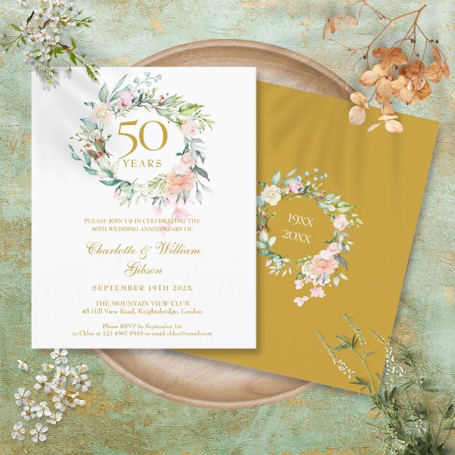 Papier Invitation 50e anniversaire de mariage Couronne de (Budget Roses Garland 50th Anniversary Invitation)