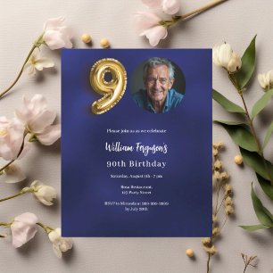 Papier Invitation 90e anniversaire photo or et bleu marin