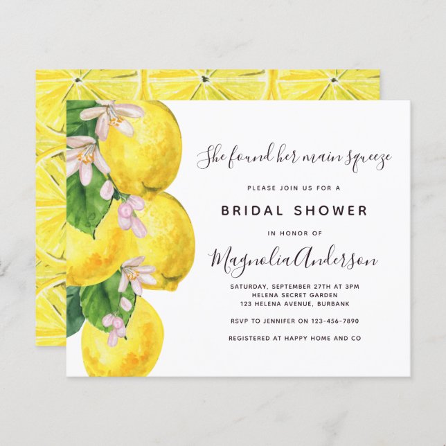 Papier Invitation à la douche nuptiale à base de citron p (Devant / Derrière)