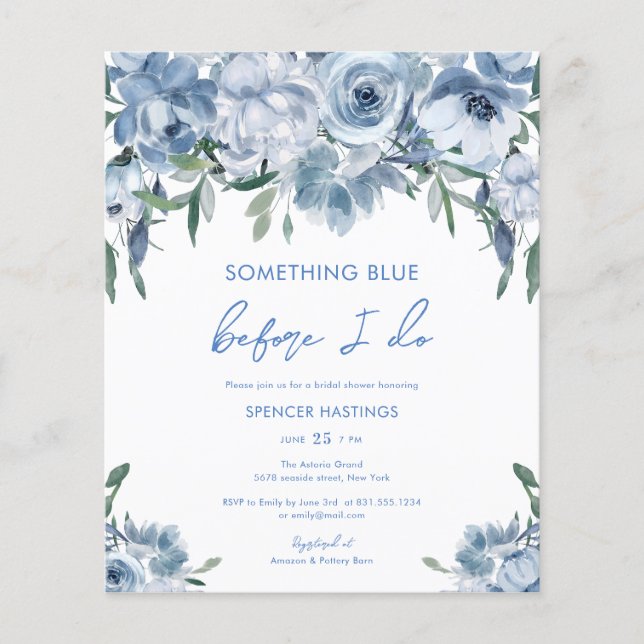 Papier Invitation à la douche nuptiale à budget bleu (Devant)