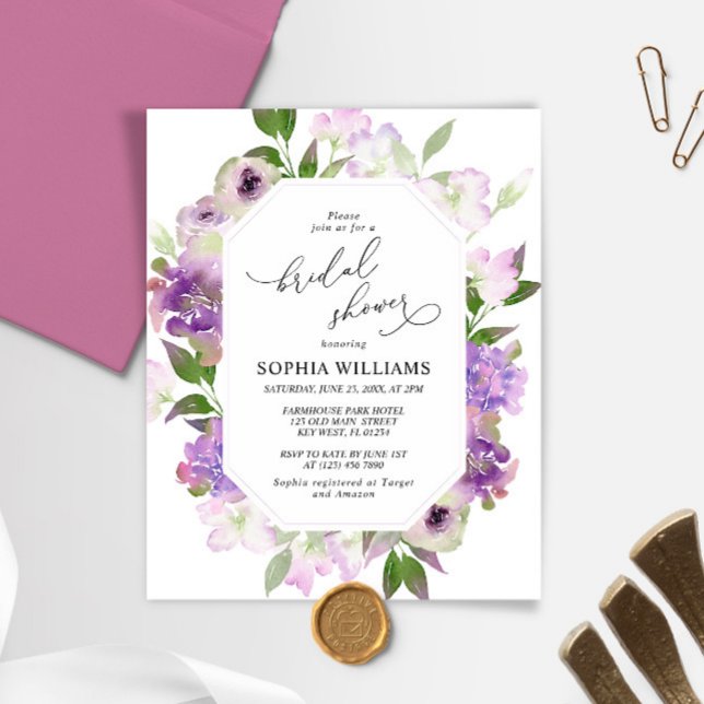 Papier Invitation à la douche nuptiale à fleurs violettes (Créateur téléchargé)