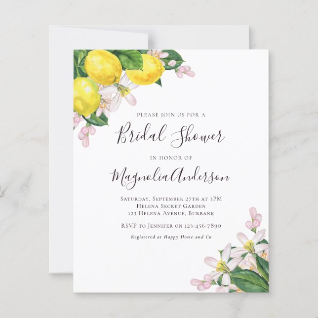 Papier Invitation à la douche nuptiale aux citrons Budget (Devant)