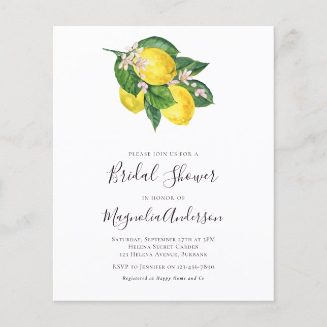 Papier Invitation à la douche nuptiale aux citrons Budget (Devant)