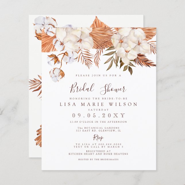 Papier Invitation à la douche nuptiale Boho Pampas Budget (Devant / Derrière)