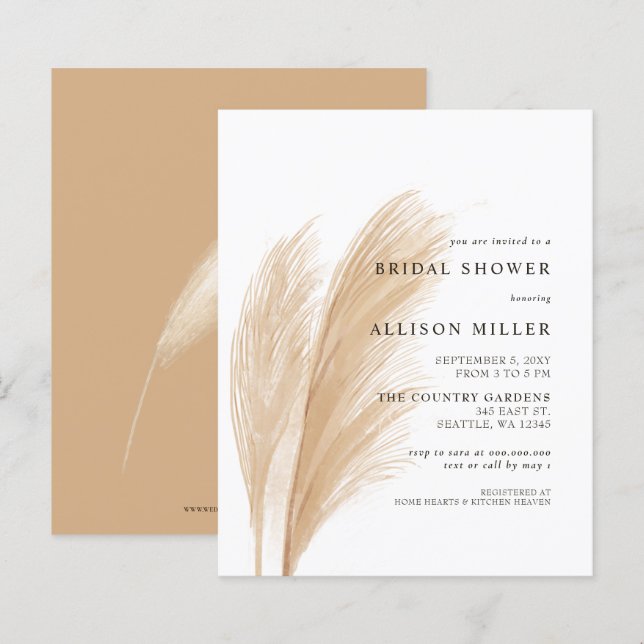 Papier Invitation à la douche nuptiale Boho Pampas Budget (Devant / Derrière)