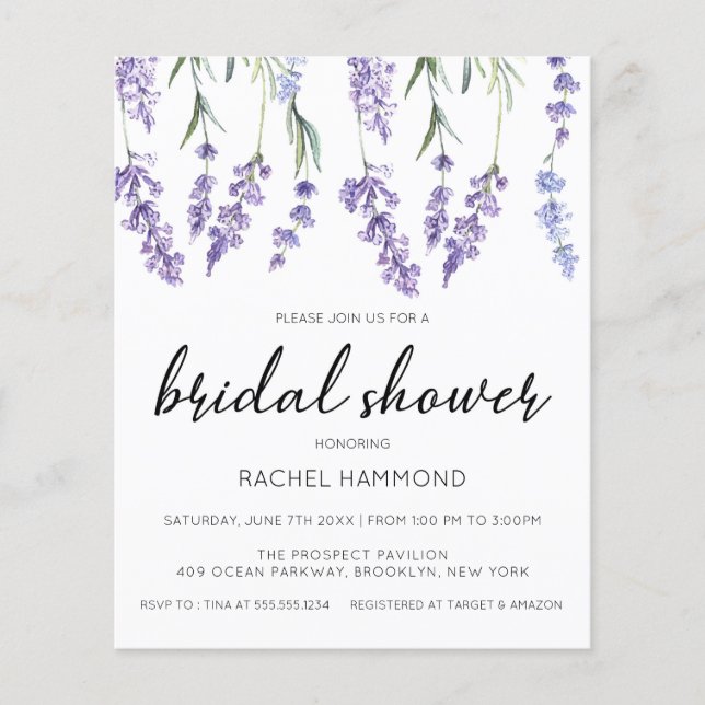 Papier Invitation à la douche nuptiale de lavande budget (Devant)