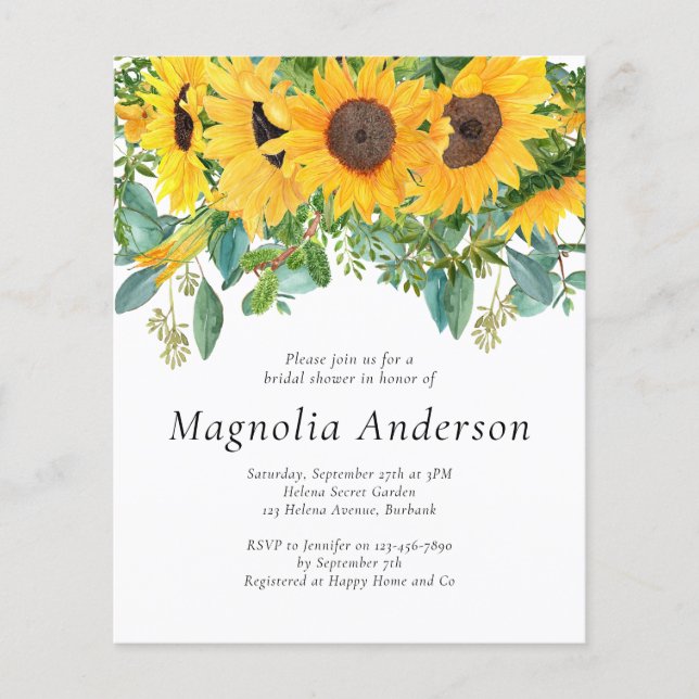 Papier Invitation à la douche nuptiale du tournesol Budge (Devant)