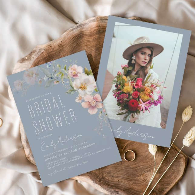 Papier Invitation à la douche nuptiale Dusty Blue Fleur s (Créateur téléchargé)