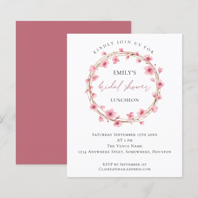 Papier Invitation à la douche nuptiale en fleurs de ceris (Devant / Derrière)