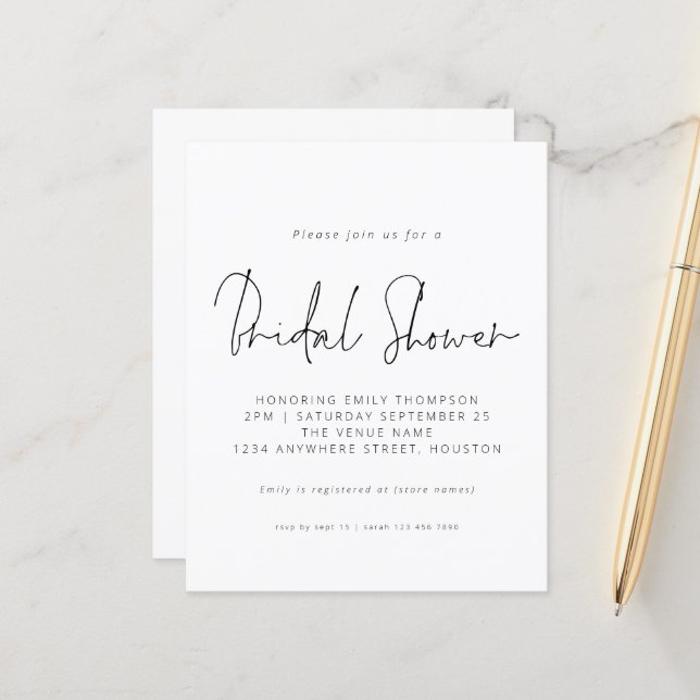 Papier Invitation à la douche nuptiale en noir blanc Budg (Devant/Arrière en situation)