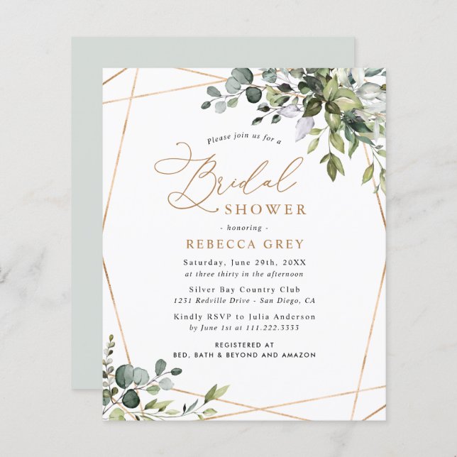 Papier Invitation à la douche nuptiale en or Budget Green (Devant / Derrière)
