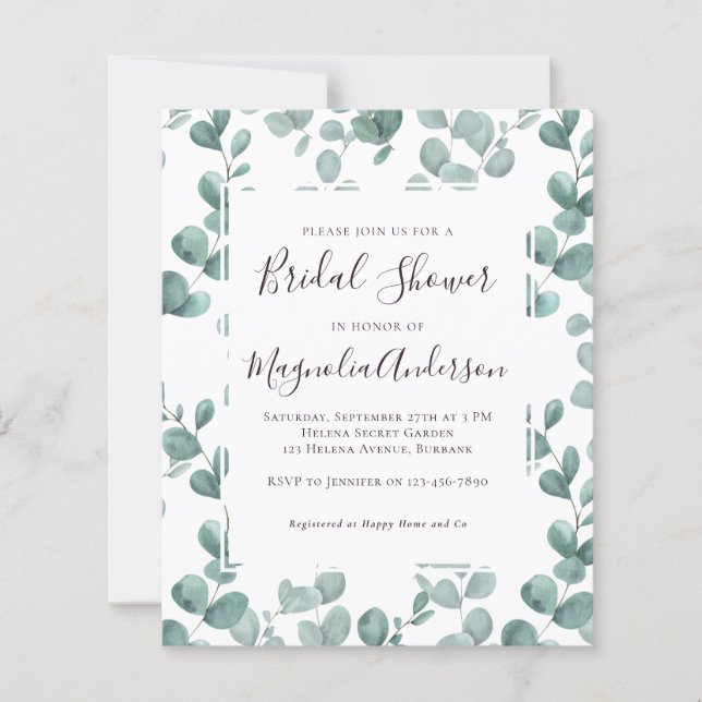 Papier Invitation à la douche nuptiale Eucalyptus Budget (Devant)