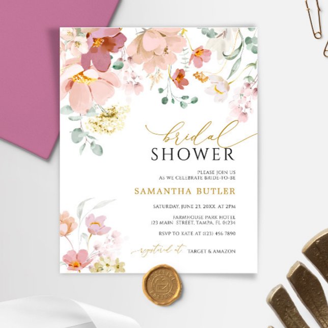 Papier Invitation à la douche nuptiale Fleur sauvage rose (Créateur téléchargé)