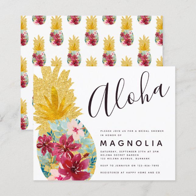Papier Invitation à la douche nuptiale fleurie d'ananas b (Devant / Derrière)