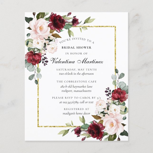 Papier Invitation à la douche nuptiale florale de Bourgog (Devant)