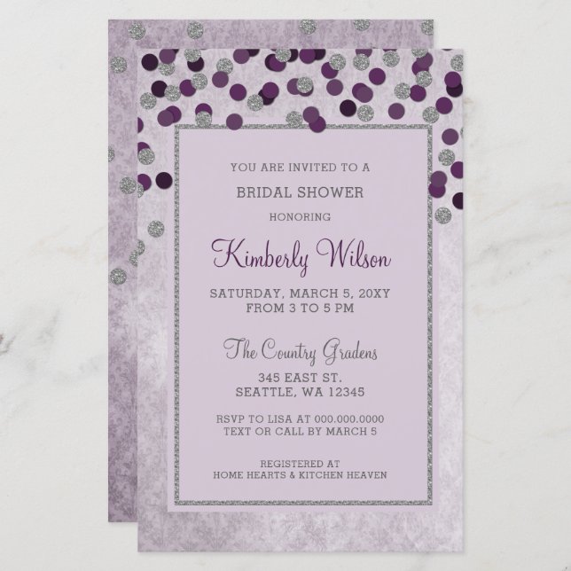 Papier Invitation à la douche nuptiale Purple Confetti Bu (Devant / Derrière)