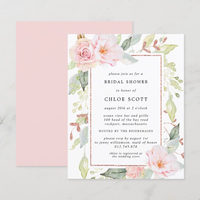 Papier Invitation à la douche nuptiale rose floral (Devant / Derrière)