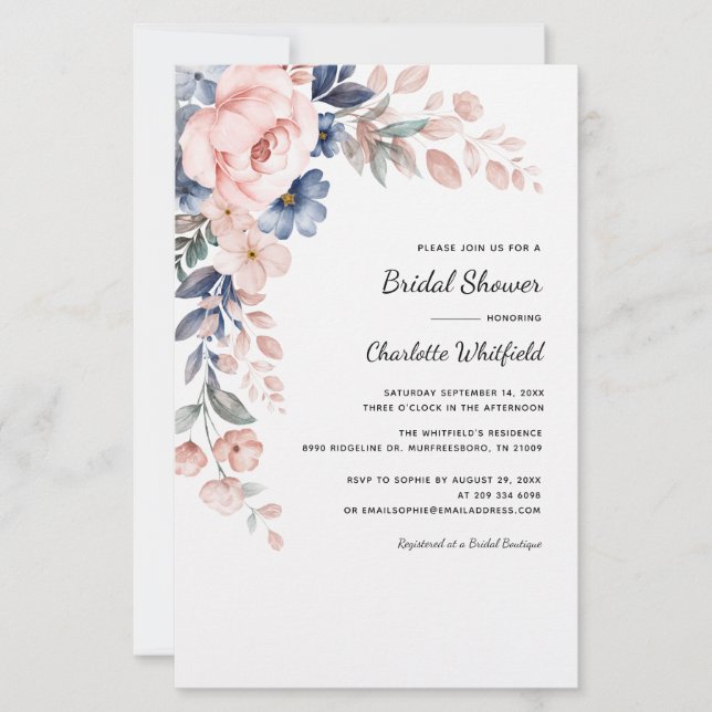 Papier Invitation à la douche nuptiale rose florale (Devant)