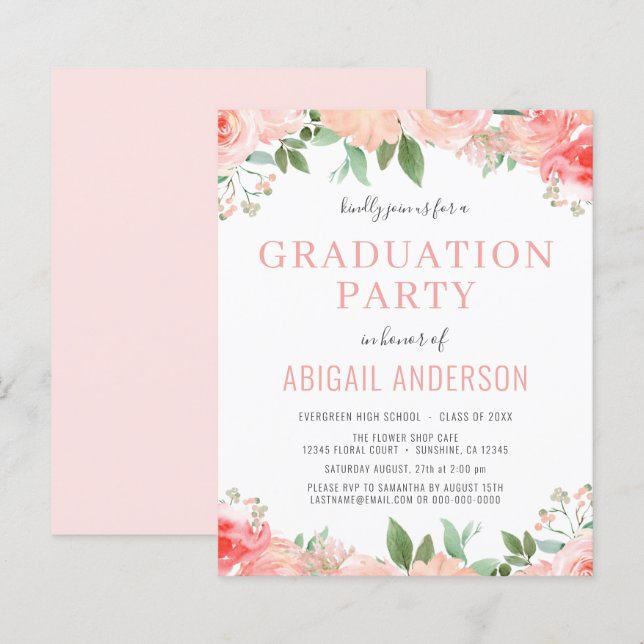 Papier Invitation à la graduation florale rose rose du bu (Devant / Derrière)