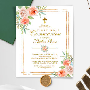 Papier Invitation à la première communion rose et or du b