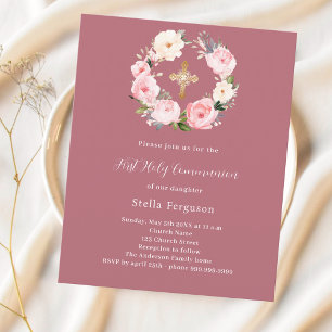 Papier Invitation à la première communion rose or rose fl