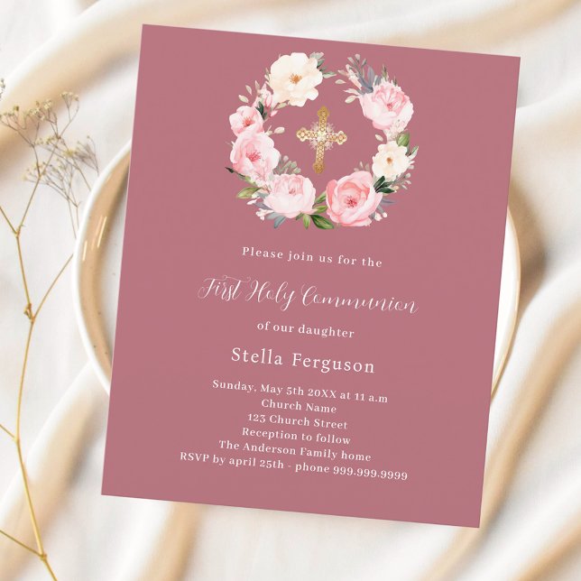 Papier Invitation à la première communion rose or rose fl (Créateur téléchargé)