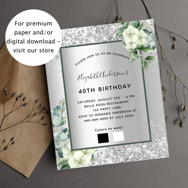 Papier Invitation à l'eucalyptus blanc blanc argenté (Créateur téléchargé)