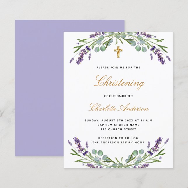 Papier Invitation à l'eucalyptus de lavande de baptême bu (Devant / Derrière)
