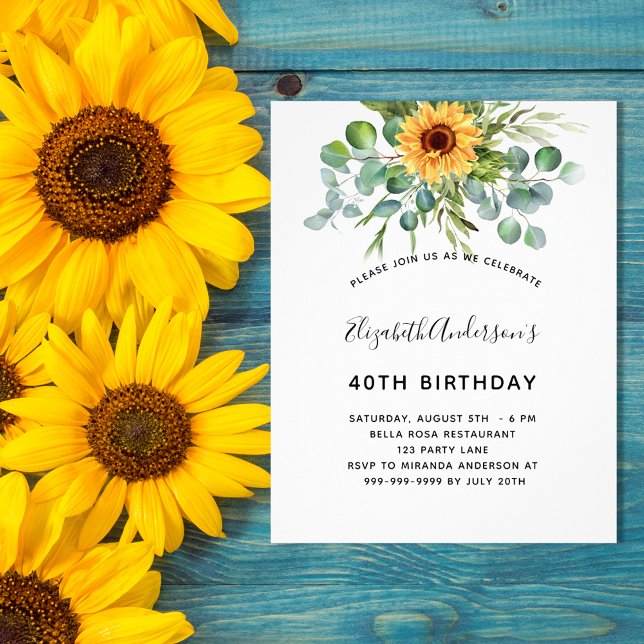 Papier Invitation à l'eucalyptus de tournesol d'anniversa (Créateur téléchargé)