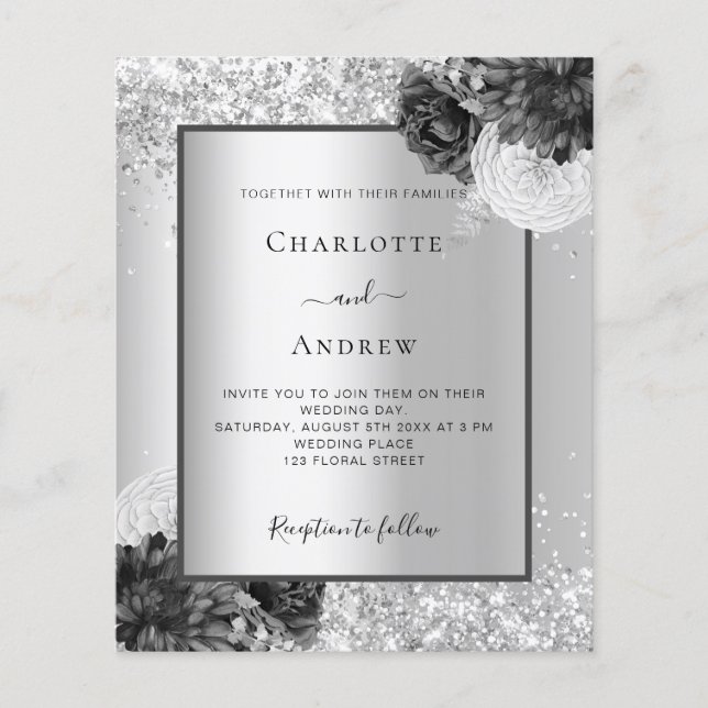 Papier Invitation à mariage élégante à fleurs d'argent (Devant)