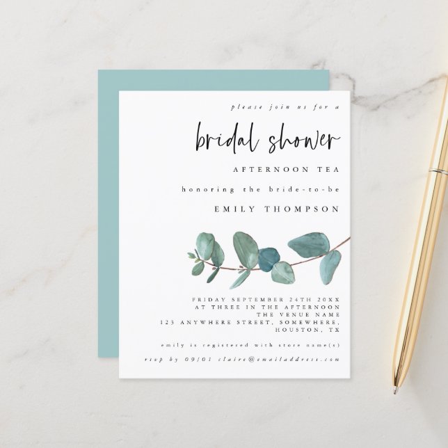 Papier Invitation à thé de Fête des mariées Eucalyptus bu (Devant/Arrière en situation)