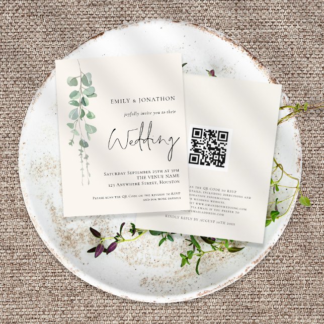 Papier Invitation à un mariage à la crème Eucalyptus de S (Créateur téléchargé)