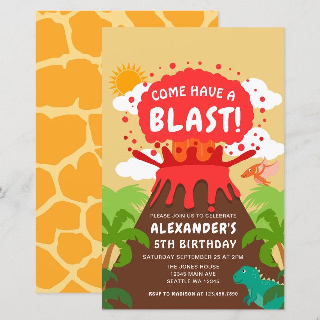 Papier Invitation Anniversaire de enfant du volcan Dinosa (Devant / Derrière)