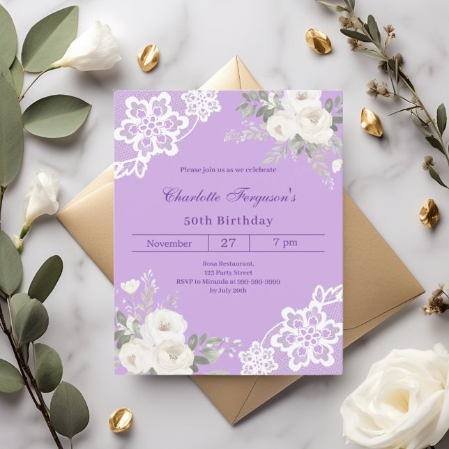 Papier Invitation anniversaire dentelle roses blanc lavan (Créateur téléchargé)
