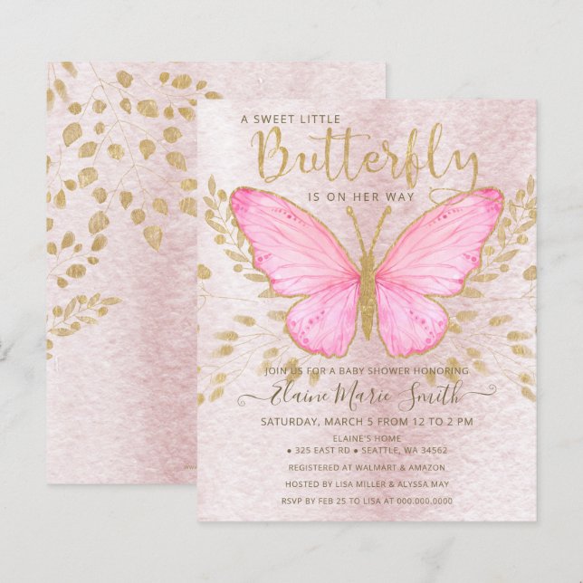 Papier Invitation au Baby shower à papillon rose Budget (Devant / Derrière)
