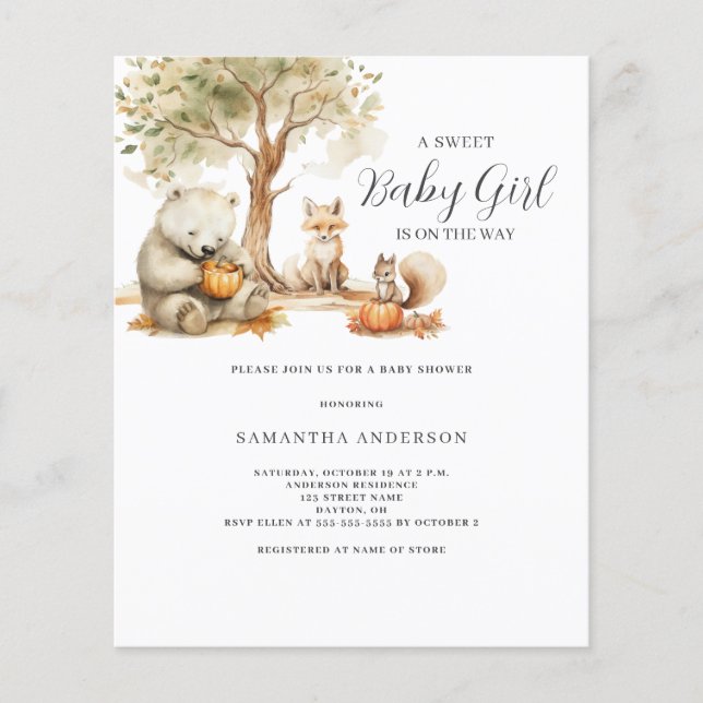 Papier Invitation au Baby shower animal forestier du budg (Devant)