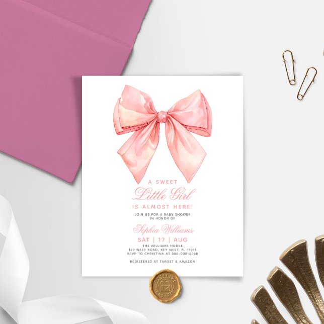 Papier Invitation au Baby shower Budget Blush Pink Bow (Créateur téléchargé)