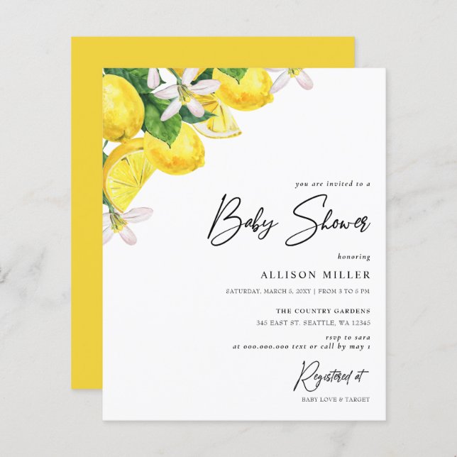 Papier Invitation au Baby shower de citron jaune Budget (Devant / Derrière)