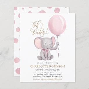 Papier Invitation au Baby shower de fille d'éléphant rose