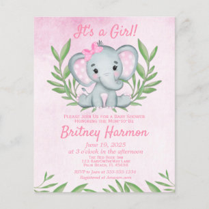Papier Invitation au Baby shower de fille d'éléphant rose
