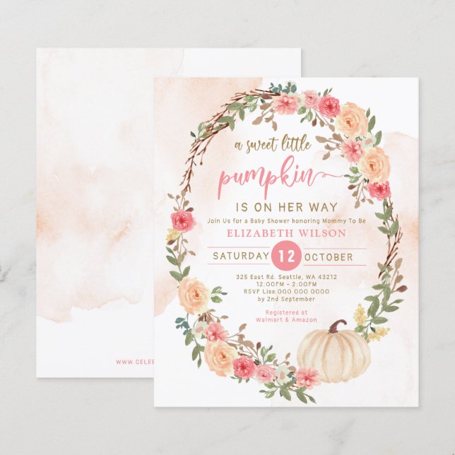 Papier Invitation au Baby shower de fille rose Citrouille (Devant / Derrière)